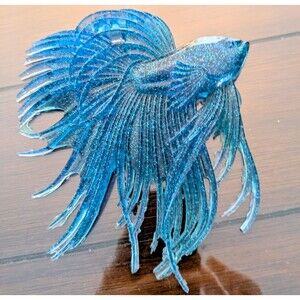 Handmade Resin Betta Fish Wall Art Decor - Blue Glitter Crowntail Figurine